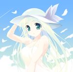  aqua_eyes artist_request cloud day dress feathers hat long_hair lowres original sky sleeveless solo sundress white_hair 