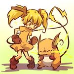  &gt;_&lt; :3 blonde_hair blush_stickers brown_eyes closed_eyes electricity gen_1_pokemon gloves hitec long_hair moemon open_mouth personification pokemon pokemon_(creature) raichu simple_background standing tail twintails v-shaped_eyebrows 