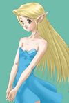  bare_shoulders blonde_hair copyright_request dress earrings elf flat_chest jewelry long_hair pointy_ears rasukaru solo 