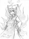  akenoin_soumon fox_tail frills greyscale hat long_sleeves looking_at_viewer mob_cap monochrome mouth_hold multiple_tails pillow_hat short_hair simple_background sketch solo tabard tail tassel touhou white_background wide_sleeves yakumo_ran 