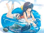  barefoot blue_hair breasts brown_eyes camisole cleavage coconut couch denim denim_shorts feet fish food hirokiku jellyfish long_hair lying medium_breasts mouth_hold on_stomach original pocky shorts solo water 
