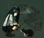  black_hair cat face long_hair original rain school_uniform shirabi sitting smile solo umbrella wet 