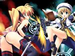  ass bardiche blonde_hair blue_eyes blush fate_testarossa fingerless_gloves gloves kouzuki_hajime lyrical_nanoha magic_circle mahou_shoujo_lyrical_nanoha mahou_shoujo_lyrical_nanoha_a's multiple_girls open_mouth red_eyes thighhighs tome_of_the_night_sky wings yagami_hayate 