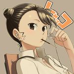 bowieknife brown_eyes brown_hair copyright_name double_bun earbuds earphones food hyakko mouth_hold pocky saotome_suzume short_hair single_earphone_removed solo 
