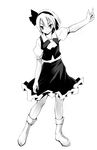  boots full_body greyscale hair_ribbon hairband konpaku_youmu monochrome outstretched_arm ribbon rubber_boots shimadoriru shirt short_hair simple_background skirt solo standing touhou vest white_background 