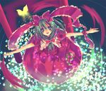  bad_id bad_pixiv_id blue_eyes bow bug butterfly dress from_above front_ponytail glowing green_hair hair_bow hair_ribbon insect kagiyama_hina long_hair looking_up outstretched_arms pochi-t ribbon solo spread_arms star touhou 