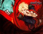 action black_hair blonde_hair blue_eyes blue_skin castlevania castlevania:_portrait_of_ruin dracula evil_grin evil_smile fang fighting_stance green_eyes grin jonathan_morris male_focus multiple_boys official_art outstretched_arm outstretched_hand profile reaching red_eyes s._higashida sideburns smile trench_coat vampire whip 