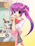  apron baking cake_pan hair_ornament little_busters! long_hair makiemon mixing_bowl purple_hair saigusa_haruka sleeves_rolled_up solo spatula 