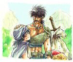  bag character_request dragon_quest dragon_quest_v eyes_closed jewelry lowres mountain mountains necklace sword weapon 