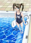  barefoot blue_eyes blush brown_hair drain_(object) flat_chest from_above kickboard looking_at_viewer name_tag one-piece_swimsuit original pool pool_ladder poolside rasukaru refraction school_swimsuit solo standing swimsuit tile_floor tiles twintails wading water 