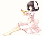  animal_ears barefoot big_hair black_hair bunny_ears bunny_tail eating feet food fujishiro_touma holding_pizza inaba_tewi jpeg_artifacts pizza red_eyes short_hair sitting solo tail touhou 