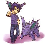  animal_ears blush_stickers costume fang gen_1_pokemon hand_on_hip hitec male_focus moemon nidorino personification pointing pokemon pokemon_(creature) purple_eyes purple_hair simple_background standing 