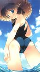  amazuyu_tatsuki ass back blue_eyes blush brown_hair cloud day from_behind from_below hat komaki_ikuno long_hair looking_back ocean one-piece_swimsuit outdoors school_swimsuit sky solo straw_hat sun_hat swimsuit to_heart_2 to_heart_2_ad wading water wet 