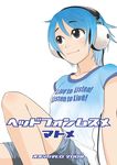  blue_hair blue_shirt blush brown_eyes closed_mouth clothes_writing headphones original otakubeam shirt short_hair short_sleeves shorts smile solo t-shirt 