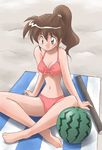  barefoot bikini brown_hair copyright_request food fruit green_eyes indian_style masuki ponytail sand sitting solo stick suikawari swimsuit watermelon 