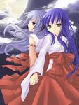  back-to-back blue_hair cloud detached_sleeves furude_rika hakama hanabana_tsubomi hanyuu highres higurashi_no_naku_koro_ni holding_hands horns japanese_clothes long_hair miko moon multiple_girls night purple_eyes purple_hair red_hakama sky 