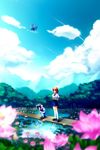  artist_request bug butterfly cloud copyright_request day flower insect multiple_girls nature ponytail scenery school_uniform sky striped striped_legwear thighhighs water 