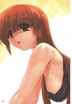  bangs bare_shoulders bent_over bra breasts brown_eyes brown_hair covered_nipples fujiyama_shizuka gaiking gaiking:_legend_of_daikuu_maryuu hanging_breasts hechi highres large_breasts lingerie long_hair open_mouth red_hair sideboob solo underwear 