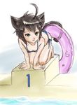  :3 ahoge all_fours animal_ears barefoot bikini brown_hair cat_ears cat_tail copyright_request green_eyes innertube petite pool poolside rasukaru short_hair side-tie_bikini sketch solo starting_block swimsuit tail 