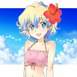  blue_hair cloud day flower hair_flower hair_ornament hibiscus navel nia_teppelin saikachi_(ogre_tree) sky solo tengen_toppa_gurren_lagann 