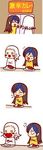  1boy 1girl 4koma artist_request black_hair blue_hair blush chibi closed_eyes comic curry curry_rice food jpeg_artifacts lips lipstick long_hair magaki_(kof) makeup multicolored_hair open_mouth plate rice shion_(kof) silent_comic source_request the_king_of_fighters tongue tongue_out translation_request two-tone_hair 