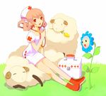  artist_request brown_hair copyright_request flower grass happy nurse red_eyes sheep solo 