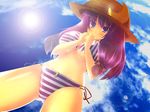  bad_id bad_pixiv_id bikini cloud day hat lens_flare long_hair patchouli_knowledge purple_hair ribbon sky solo straw_hat striped striped_bikini sun swimsuit teru_teru touhou vertical-striped_bikini vertical_stripes 