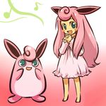  animal_ears aqua_eyes barefoot blush_stickers chibi costume dress eighth_note full_body gen_1_pokemon hands_clasped hitec long_hair moemon musical_note own_hands_together personification pink_hair pokemon pokemon_(creature) quarter_note simple_background standing wigglytuff 