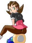  artist_request ass brown_hair earrings green_eyes hair_pulled_back human_chair human_furniture jewelry kobun lowres oekaki pantyhose rockman rockman_dash sitting sitting_on_face sitting_on_person tron_bonne 