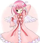  ;q amulet_angel bangs blush brown_eyes center_frills cowboy_shot dress eyebrows_visible_through_hair frilled_dress frilled_sleeves frills hinamori_amu long_sleeves looking_at_viewer magical_girl one_eye_closed pink_background pink_dress pink_hair red_ribbon ribbon short_hair shugo_chara! simple_background solo standing tareme tongue tongue_out v_over_eye white_wings winged_hair_ornament wings yuzuki_(yuduame) 