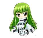  bad_source bangs bodysuit c.c. chibi code_geass green_hair highres ivan_barrientos long_hair solo vector_trace white_bodysuit yellow_eyes 