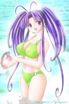  antenna_hair bikini breasts cleavage hoop large_breasts long_hair mamotte_shugogetten! purple_eyes purple_hair shugogetten_shaolin swimsuit tappi twintails water 