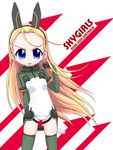  :p adjusting_hair animal_ears antenna_hair arm_behind_back blonde_hair blue_eyes blush breasts character_name copyright_name cowboy_shot elise_von_dietrich fake_animal_ears gloves green_gloves green_legwear groin_tendon hairband headgear highres k10k leotard long_hair looking_at_viewer motion_slit pilot_suit sky_girls small_breasts solo tongue tongue_out v-shaped_eyebrows very_long_hair white_leotard 