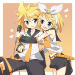  1girl arm_warmers bass_clef blonde_hair blue_eyes blush brother_and_sister hair_ornament hair_ribbon hairclip headset ixy kagamine_len kagamine_rin leg_warmers microphone navel necktie open_mouth ribbon sailor_collar short_hair shorts siblings twins vocaloid yellow_neckwear 