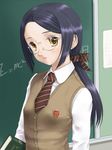  brown_eyes chalkboard copyright_request glasses long_hair necktie ponytail purple_hair rasukaru school_uniform solo sweater 