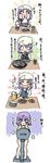  4koma bowl chopsticks closed_eyes comic cup eating eighth_note fish food heart highres jam_(shoujikimono_wa_naze_mawaru) letty_whiterock musical_note noodles nude open_mouth plate purple_eyes purple_hair rice rice_bowl sitting skewer table touhou translated weighing_scale yunomi 