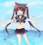  animal_ears artist_request black_hair cat_ears day kooh long_hair ocean outdoors pangya papel red_eyes ribbon skirt sky smile solo twintails 