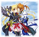  axe bardiche blonde_hair fate_testarossa left-handed lyrical_nanoha mahou_shoujo_lyrical_nanoha mahou_shoujo_lyrical_nanoha_the_movie_1st misuzu_(iridescence) multiple_girls raising_heart takamachi_nanoha thighhighs weapon 