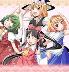  :d ;d alice_margatroid arm_up ascot black_hair blonde_hair bow braid detached_sleeves green_hair hair_bow hair_tubes hakurei_reimu hat hat_bow kazami_yuuka kirisame_marisa long_hair multiple_girls natsumi_akira one_eye_closed open_mouth plaid plaid_skirt plaid_vest red_eyes short_hair side_braid skirt skirt_set smile touhou unmoving_pattern v very_long_hair vest white_bow witch_hat yellow_eyes 