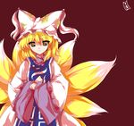  alphes_(style) animal_ears blonde_hair fox_tail hat ideolo long_sleeves multiple_tails parody pillow_hat short_hair solo style_parody tail tassel touhou wide_sleeves yakumo_ran 