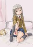  bed brown_eyes copyright_request feet long_hair panties pantyshot rasukaru school_uniform silver_hair sitting socks solo underwear white_panties 