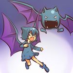  blue_hair costume fangs gen_1_pokemon golbat hitec moemon personification pokemon pokemon_(creature) short_hair simple_background wings 