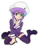  beret blush bow chiemi_terutora finger_to_mouth green_eyes hair_bow hat night_wizard purple_hair purple_legwear school_uniform shiho_elis short_hair sitting skirt solo thighhighs zettai_ryouiki 