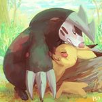  blush claws clenched_teeth duo excadrill eyes_closed female feral fur interspecies isisdejohto male nintendo open_mouth outside pikachu pok&#233;mon pokemon sex size_difference straight teeth video_games yellow_fur 