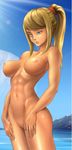  blonde_hair blue_eyes breasts ecchi-mia female long_hair metroid nipples nude outdoors ponytail samus_aran solo standing 