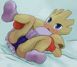  anthro blue_background blue_eyes blush boxing_gloves brown_body camel_toe clothed clothing crossgender female high_score_(artist) hitmonchan lying nintendo on_back open_mouth plain_background pok&#233;mon pokemon rule_63 solo spread_legs spreading sweat video_games 