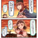  2girls 2koma arm_up black_bow black_gloves black_hat blue_shawl blush_stickers bow brown_eyes brown_hair comic commentary_request eyebrows_visible_through_hair fingerless_gloves glasses gloves hair_between_eyes hair_bow hair_ornament hairclip hat ido_(teketeke) jacket kantai_collection long_hair long_sleeves multiple_girls one_eye_closed open_mouth papakha pince-nez red_shirt roma_(kantai_collection) scarf shaded_face shawl shirt short_hair speech_bubble tashkent_(kantai_collection) translation_request untucked_shirt white_jacket white_scarf 