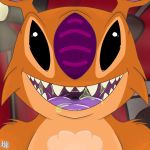  alien black_eyes cheek_tuft chest_tuft digital_drawing_(artwork) digital_media_(artwork) disney experiment_(species) front_view fur hi_res leonheart54115 lilo_and_stitch looking_at_viewer mouth_shot open_mouth open_smile orange_fur purple_mouth purple_nose purple_tongue saliva sample_(lilo_&amp;_stitch) smile solo stage_lights tongue tuft 