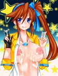  aotsu_umihito blue_eyes breasts brown_hair cum earrings gloves gyakuten_saiban gyakuten_saiban_5 hair_between_eyes hair_ribbon jewelry kizuki_kokone large_breasts long_hair necklace nipples orange_hair ribbon side_ponytail single_glove smile solo 