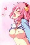  blush bouncing_breasts breasts closed_eyes commentary_request hairband heart highres implied_sex komeiji_satori medium_breasts motion_lines nipples ominaeshi_(takenoko) open_mouth pink_hair saliva shirt_lift short_hair simple_background solo spoken_heart touhou upper_body 